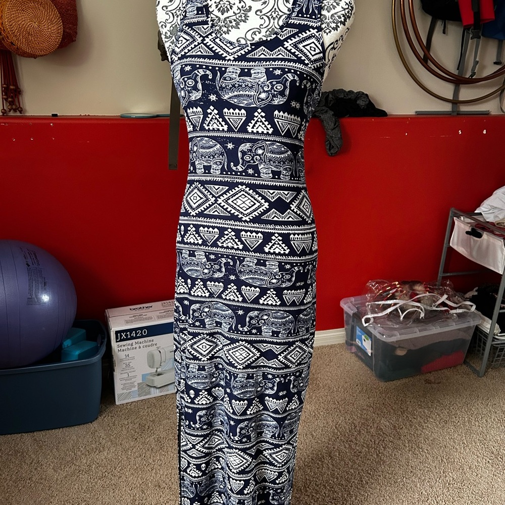 Navy and White Patterned Maxi Dress